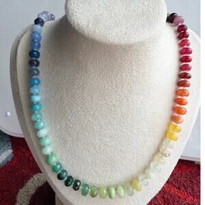 Ombre Rainbow Gemstone Necklace, Semi-Precious, Silver Tone Hardware, 20"